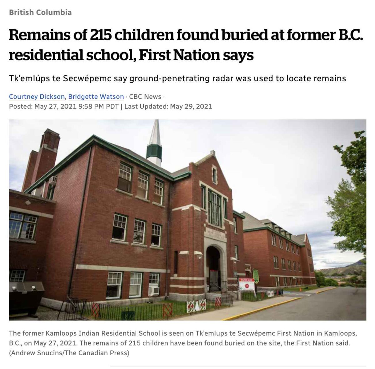 News article clipping about bodies found at Kamloops Residential School
